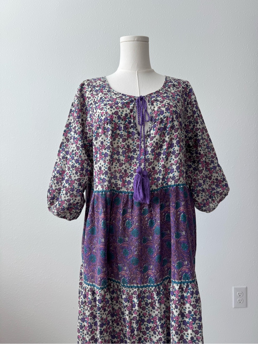 Natural Life Boho Maxi Dress S Purple Floral Tiered Tassel Cotton Cottagecore - Picture 5 of 10